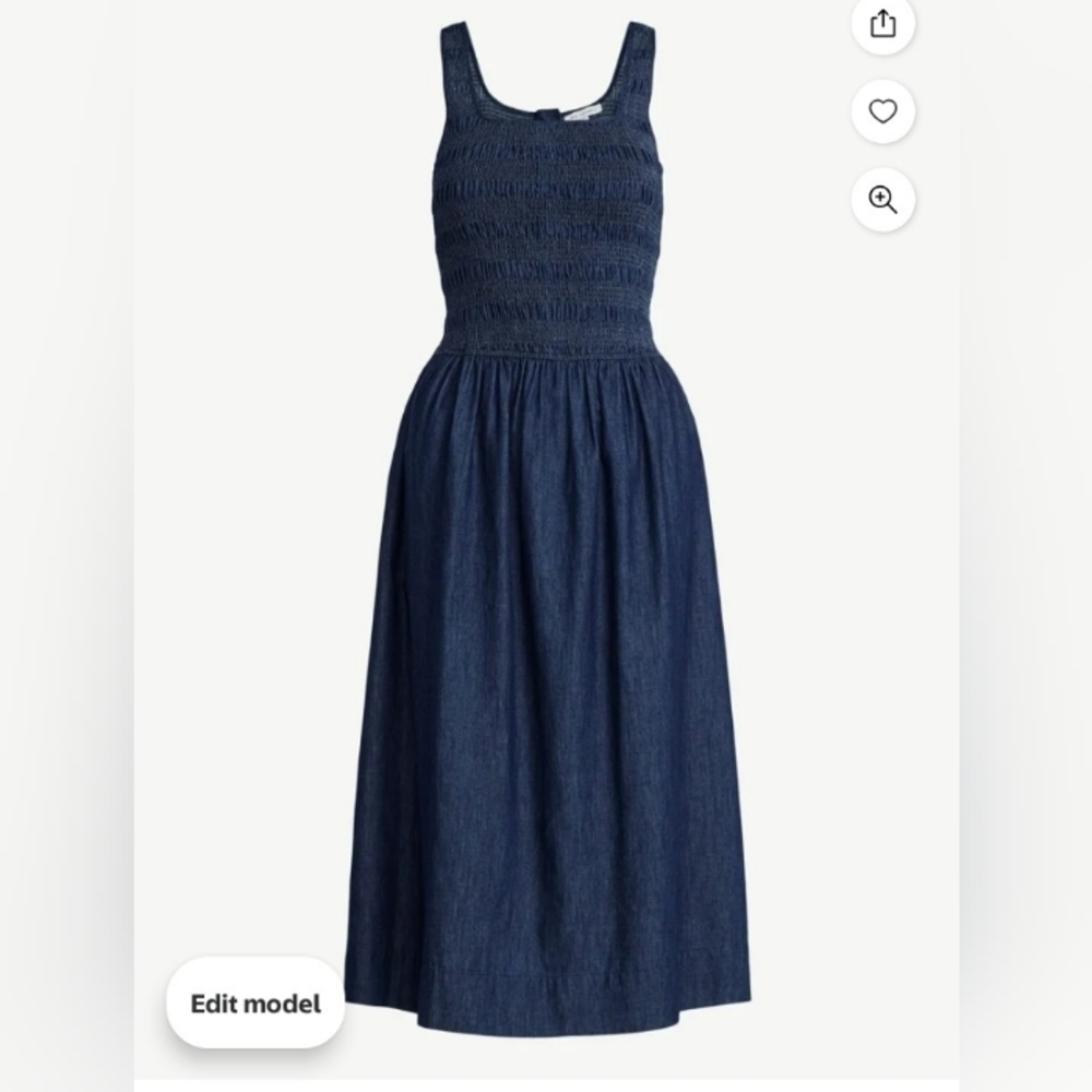 NWT Sleeveless Smocked Cotton Midi Dress Denim Blue Large Fit & Flare Square N.